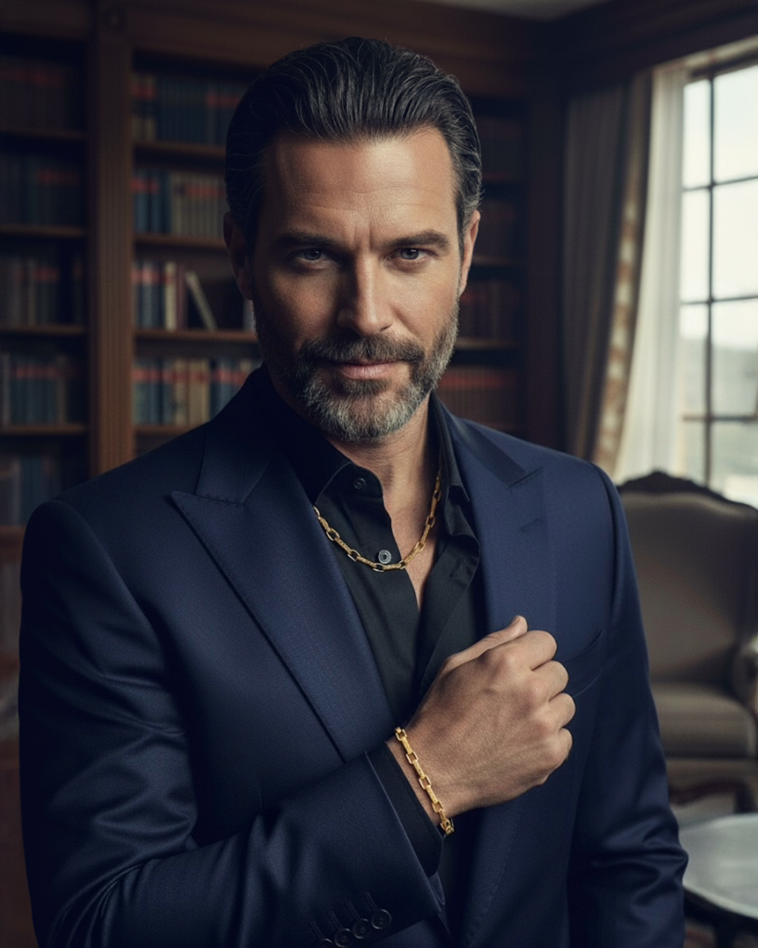 Elegant gekleideter Mann in einem dunkelblauen Anzug trägt eine goldene Halskette und ein passendes Armband aus 18 Karat Gelbgold. Der Look wirkt luxuriös, selbstbewusst und zeitlos – aufgenommen in einem stilvollen Raum mit Bücherregal im Hintergrund.
