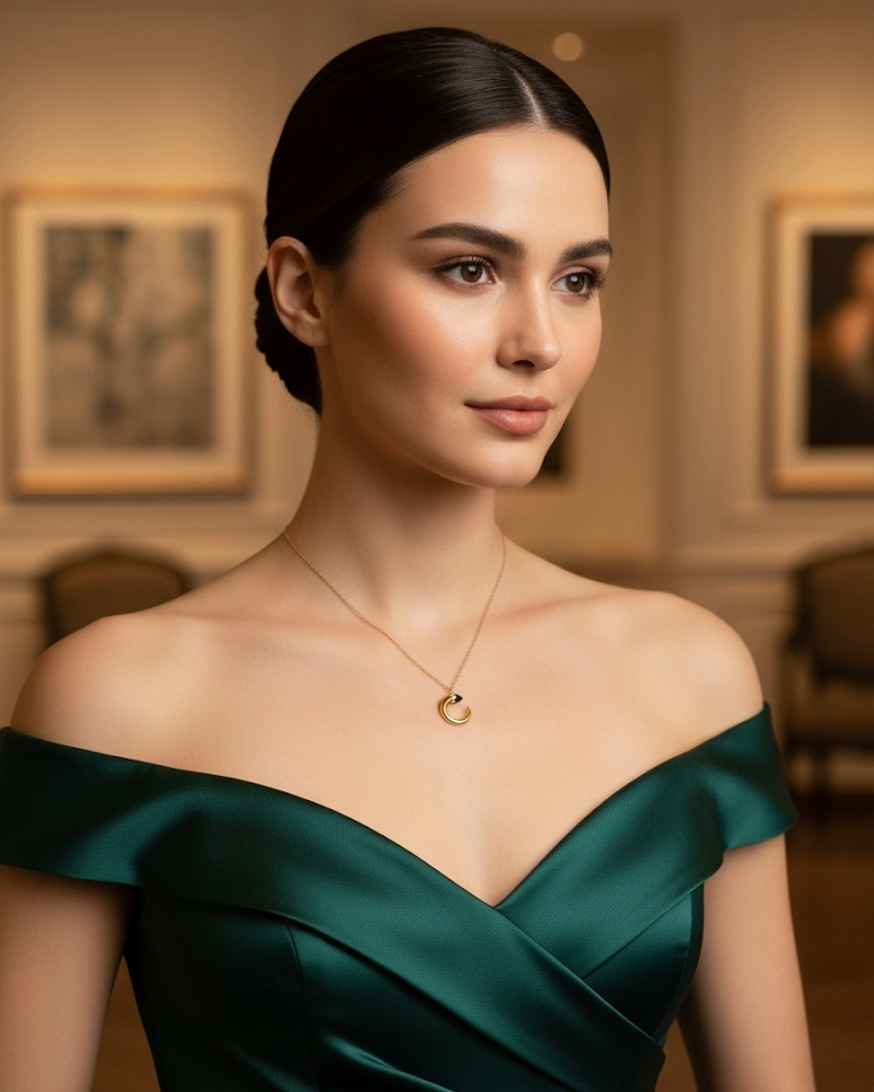 Elegante Frau mit zurückgestecktem dunklem Haar trägt ein schulterfreies, smaragdgrünes Kleid und eine feine Halskette mit einem kleinen goldenen Anhänger, aufgenommen in einem stilvollen, warm beleuchteten Galerieraum.