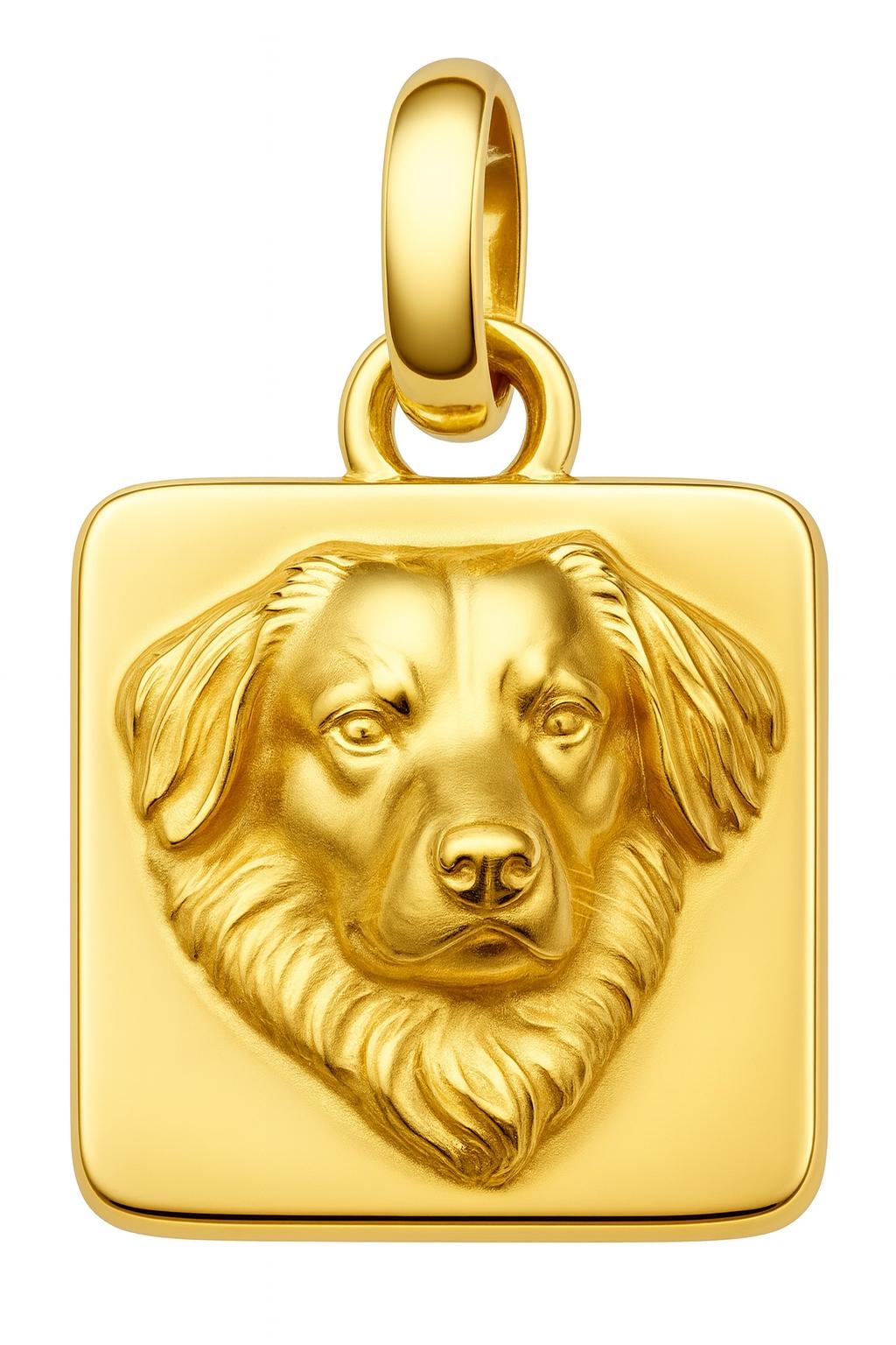 Quadratischer Anhänger aus 18k Gelbgold mit plastischem Relief eines Hundes – „Hamrah-e Vafadār“ (Treuer Begleiter)