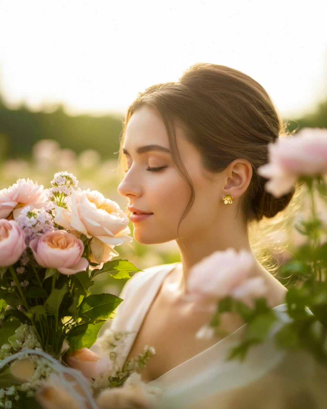 Elegante Frau im weichen Morgenlicht hält einen Rosenstrauss, trägt dezente goldene Ohrstecker und strahlt natürliche Ruhe und zeitlose Eleganz aus.