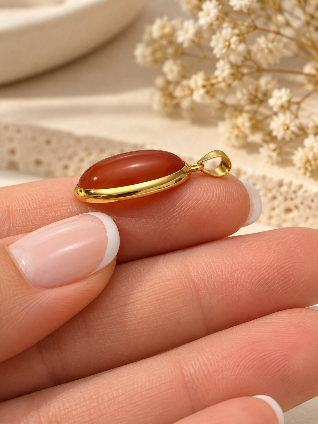 Seitenansicht des Akhgar Anhängers aus 18K Gelbgold mit gewölbtem rotbraunem Schmuckstein.