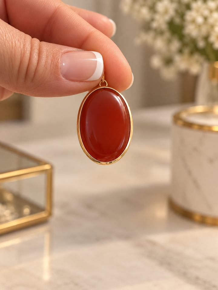 Ovaler Anhänger aus 18K Gelbgold mit glänzendem terrakottarotem Stein, zwischen zwei Fingern gehalten.