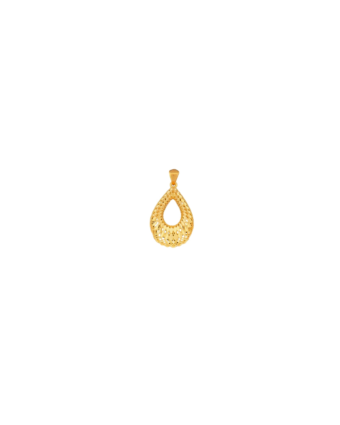 Feiner Anhänger aus 18k Gelbgold im Tropfen-Design mit filigraner Gitterstruktur – freigestelltes Produktbild auf weissem Hintergrund.