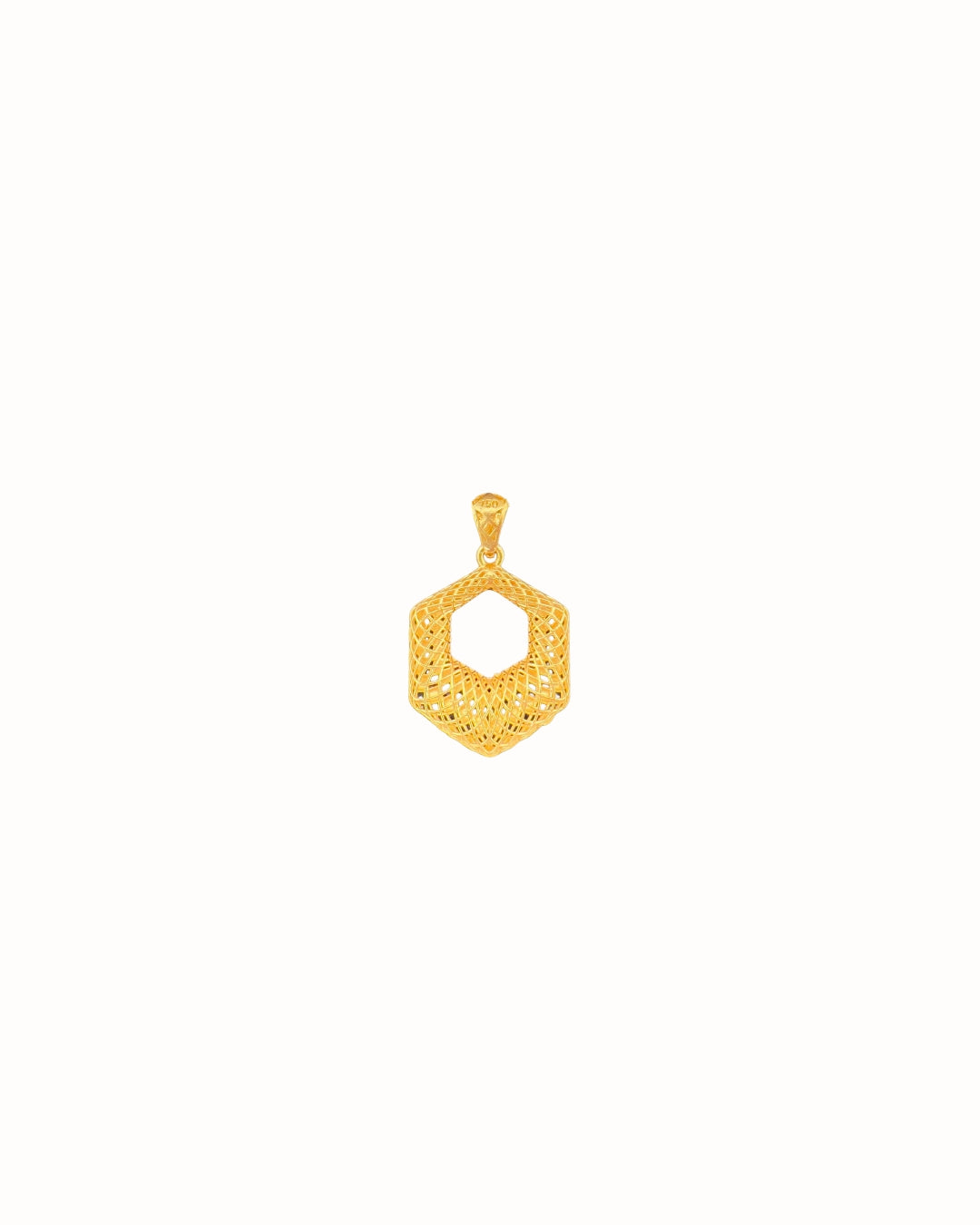 Feiner Anhänger aus 18k Gelbgold im Sechseck-Design mit filigraner Gitterstruktur – freigestelltes Produktbild auf weissem Hintergrund.