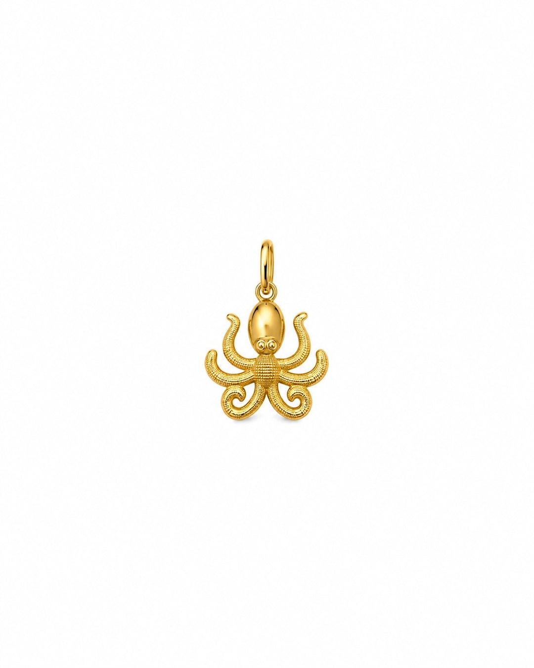 Akhtapus Oktopus Anhänger aus 18k Gelbgold mit geschwungenen, fein strukturierten Tentakeln auf weissem Hintergrund