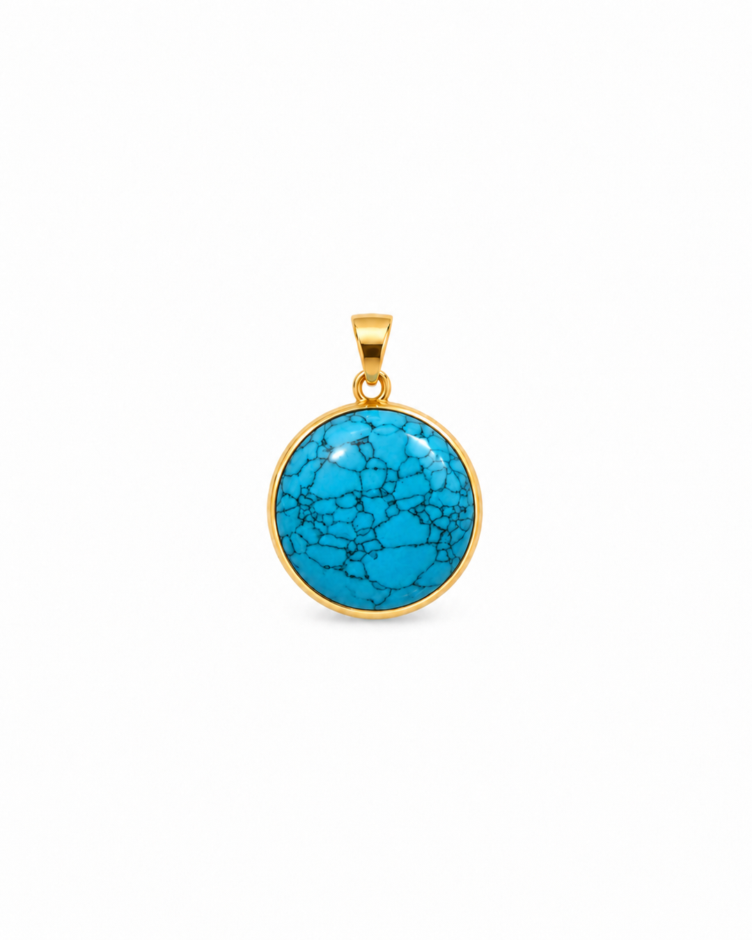 Aseman Anhänger aus 18k Gelbgold mit rundem blauem Schmuckstein und charakteristischer Matrix auf weissem Hintergrund