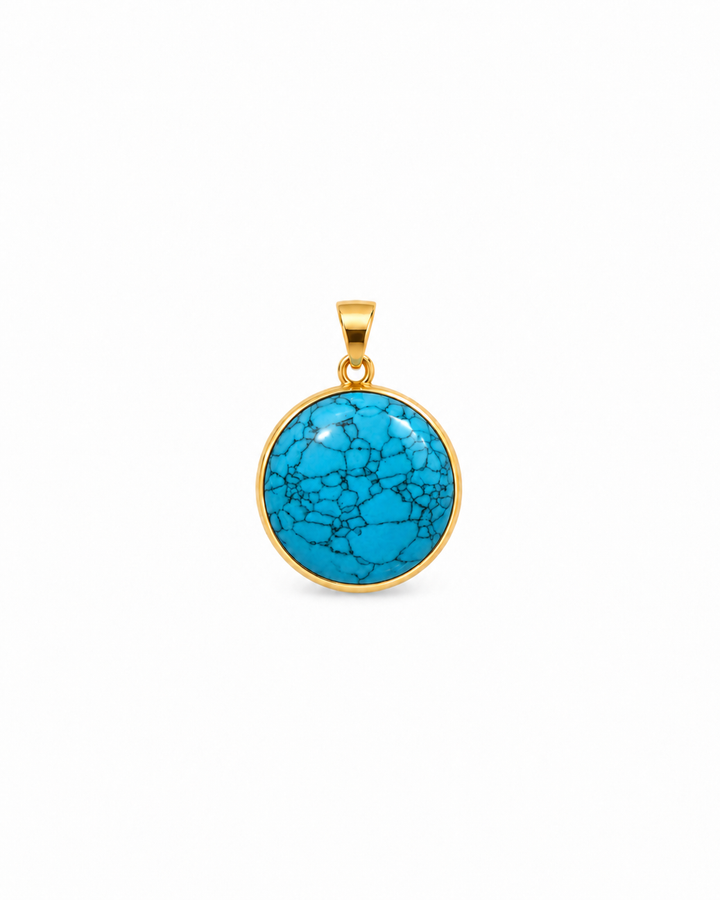Aseman Anhänger aus 18k Gelbgold mit rundem blauem Schmuckstein und charakteristischer Matrix auf weissem Hintergrund