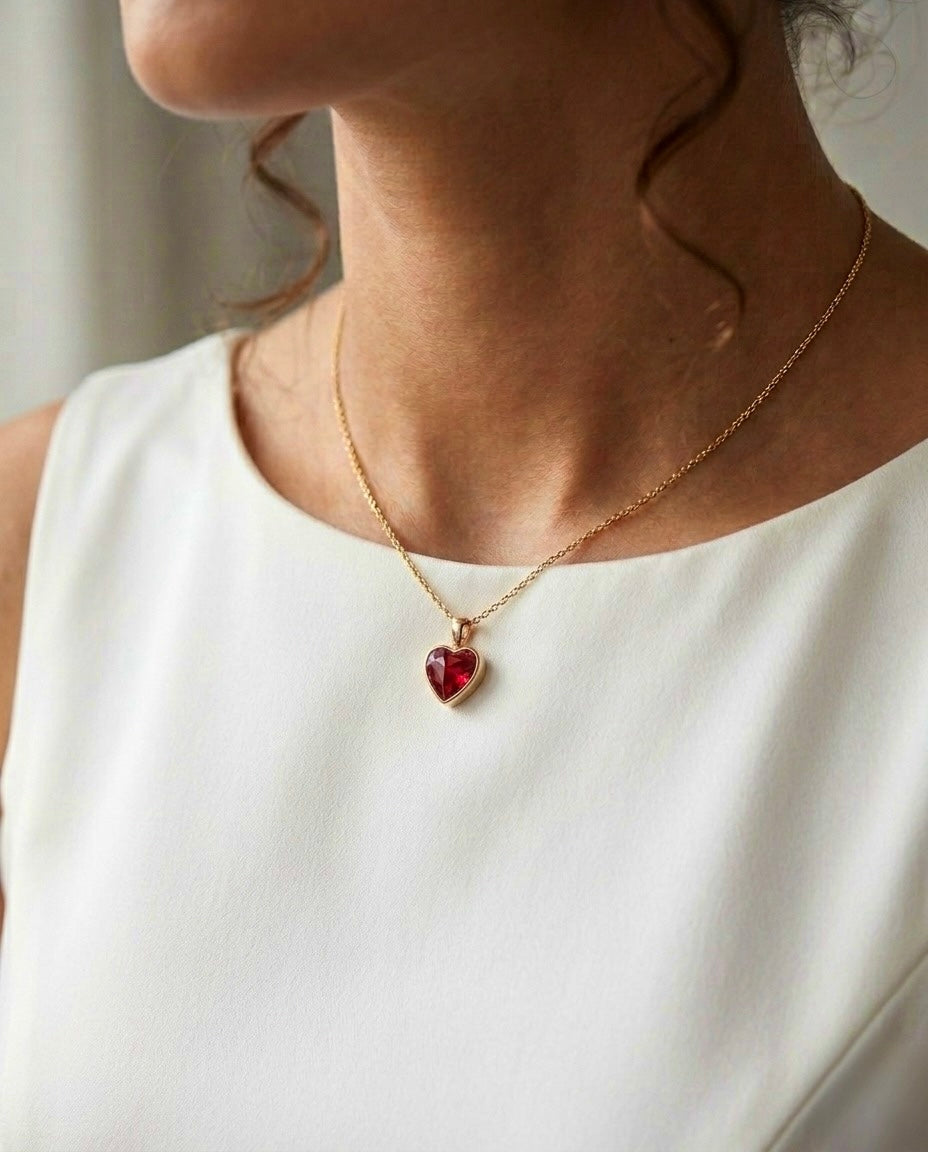 Herzanhänger aus 18k Gelbgold mit roter Zirkonia, getragen an einer feinen Goldkette.