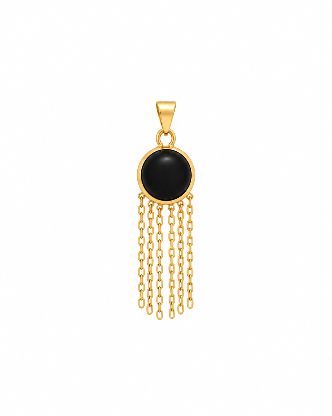 Anhänger Baran-e Shab aus 18k Gelbgold mit rundem schwarzem synthetischem Stein und sechs herabhängenden Goldketten auf weissem Hintergrund.