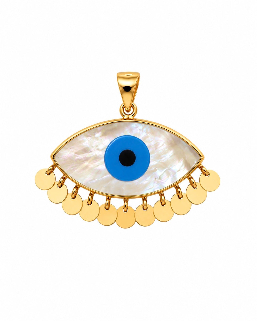 Detailaufnahme des Cheshm-e Bidar Perlmutt-Anhängers mit blauem Auge und elf Goldplättchen aus 18k Gelbgold