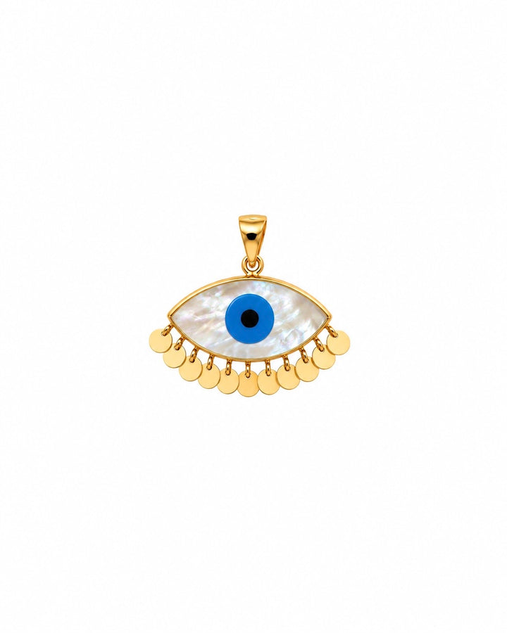 Cheshm-e Bidar Anhänger aus 18k Gelbgold mit Perlmutt, blauem Schutzauge und beweglichen Goldplättchen