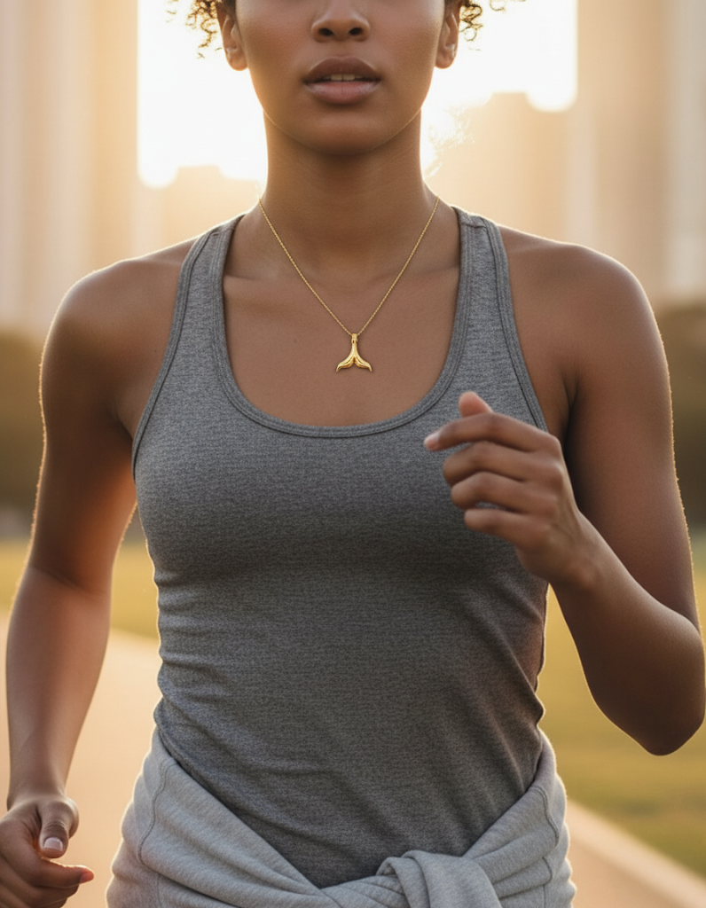 Frau joggt im Sonnenlicht und trägt eine feine Halskette aus 18 Karat Gelbgold mit einem goldenen Anhänger in moderner, geschwungener Form – sportlich, elegant und dezent zugleich.