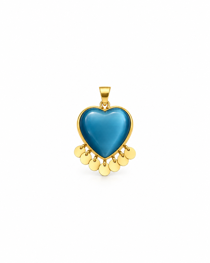 Del-e Aseman Herz-Anhänger aus 18k Gelbgold mit blau-türkis schimmerndem synthetischem Schmuckstein und sieben beweglichen Goldplättchen