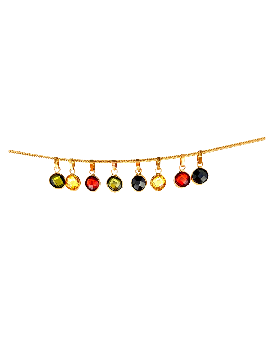 18k Gold Halskette mit mehreren runden Farbstein-Anhänger-Charms in facettierter Optik