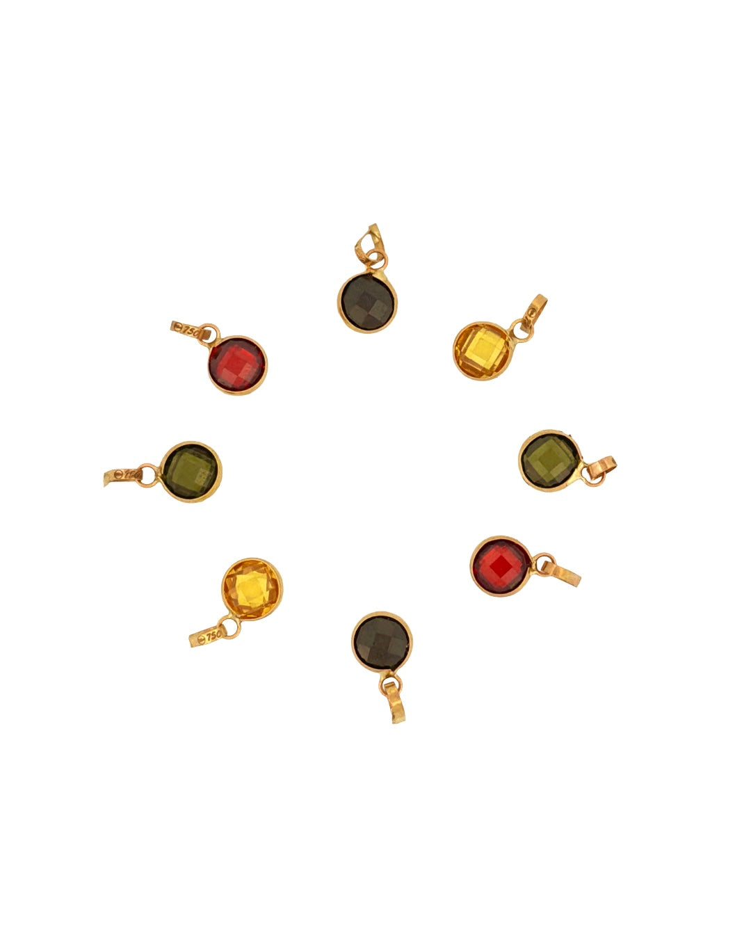 Kleine runde 18k Gold Charm-Anhänger mit facettierten Farbsteinen in Gelb, Grün, Rot und Schwarz