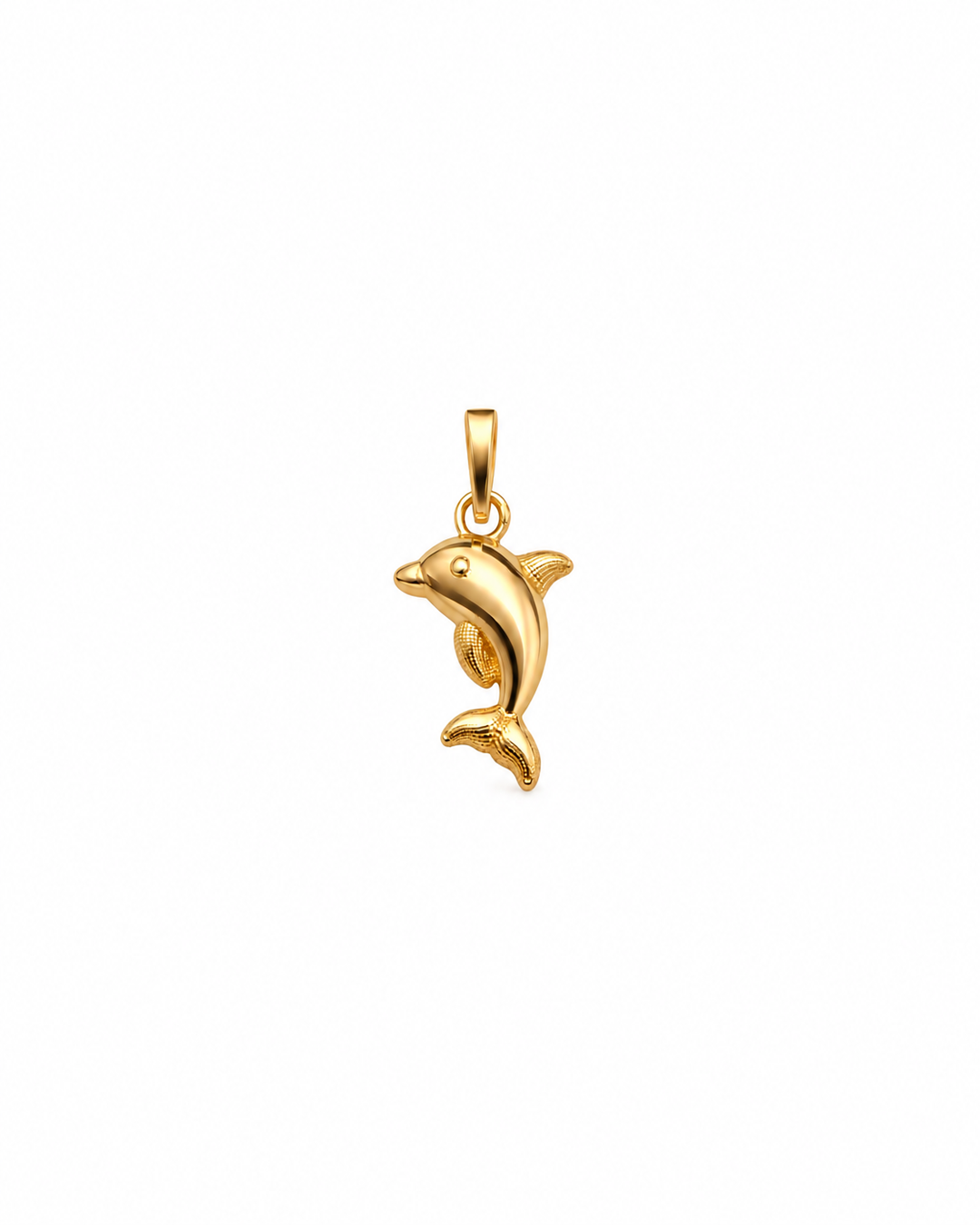 Dolfin-e Bazigush Delfin-Anhänger aus 18k Gelbgold mit geschwungener Form und strukturierten Flossen auf weissem Hintergrund