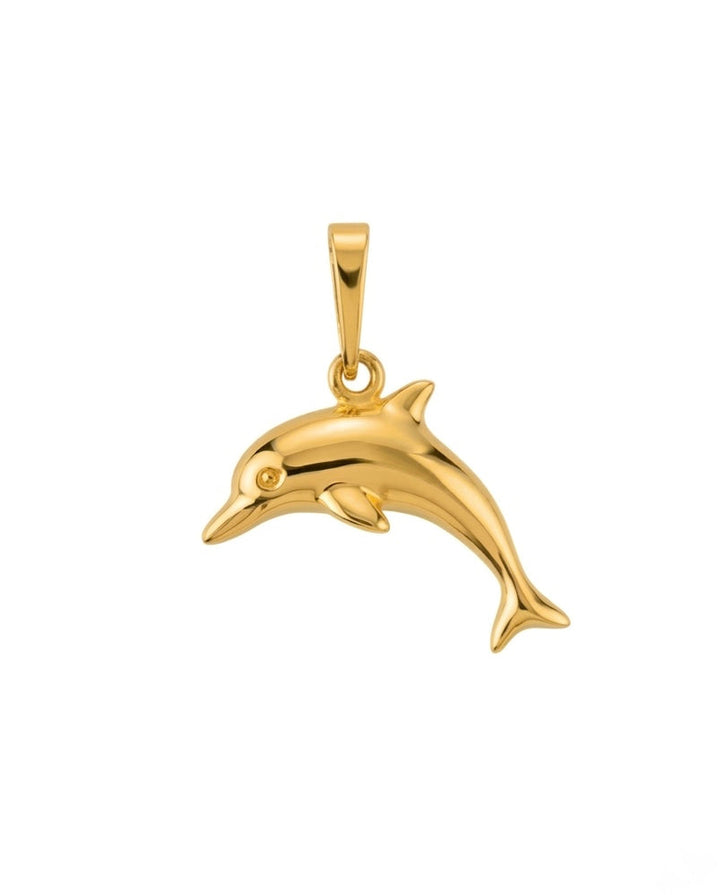 18 Karat Gelbgold-Delfinanhänger mit hochglanzpolierter Oberfläche. Der filigran gestaltete Delfin springt in einer eleganten Bogenform und symbolisiert Freiheit, Lebensfreude und Harmonie. Zeitloser Goldanhänger für Damen, Herren und Kinder – ideal als Geschenk oder als stilvoller Begleiter für den Alltag.