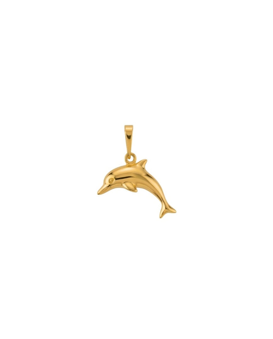 Kleiner Delfinanhänger aus 18 Karat Gelbgold mit hochglanzpolierter Oberfläche. Der fein gearbeitete Goldanhänger zeigt einen springenden Delfin als Symbol für Freiheit, Glück und Lebensfreude. Eleganter Schmuckanhänger für Damen, Herren und Kinder – perfekt für Goldketten und als zeitloses Geschenk.