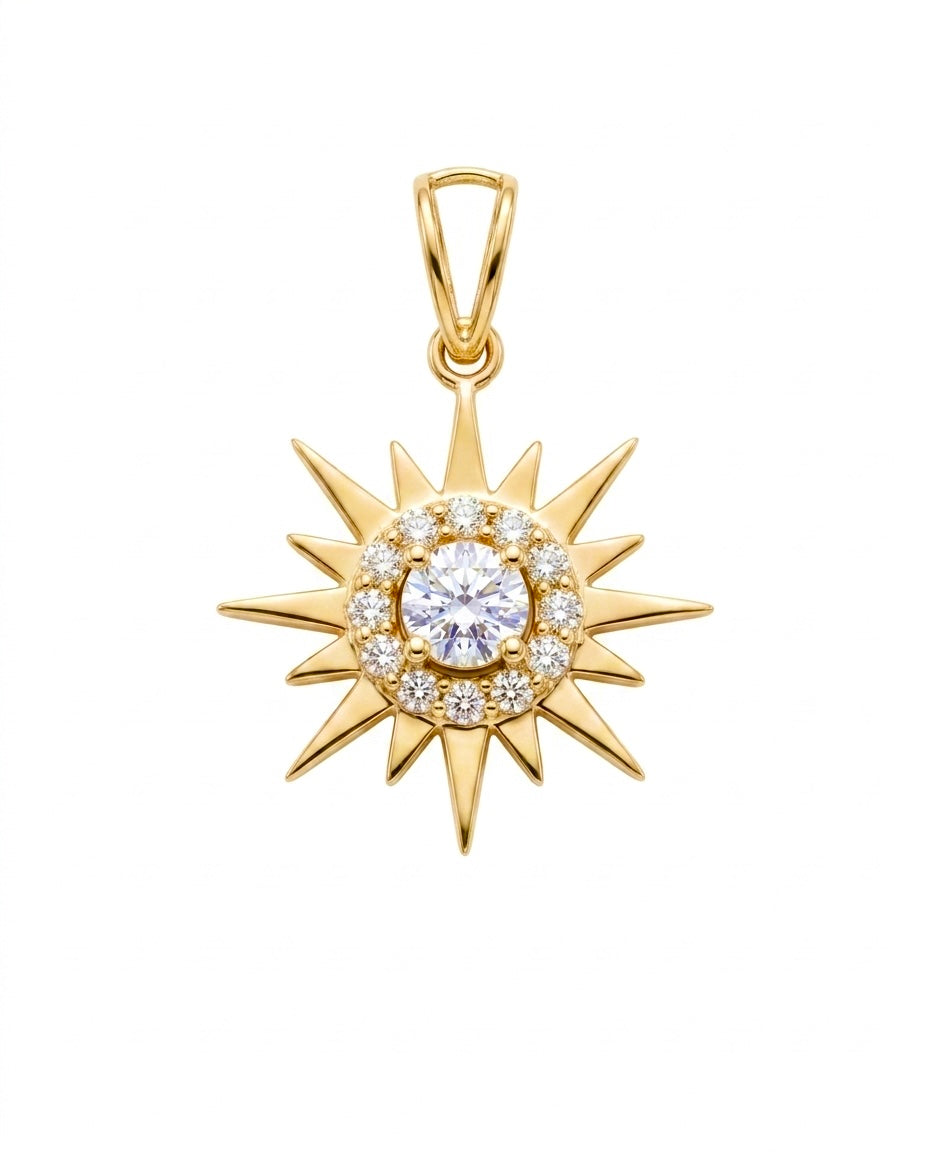 18k Gelbgold Anhänger in Sonnenform mit zentraler weißer Zirkonia und Strahlenmotiv.