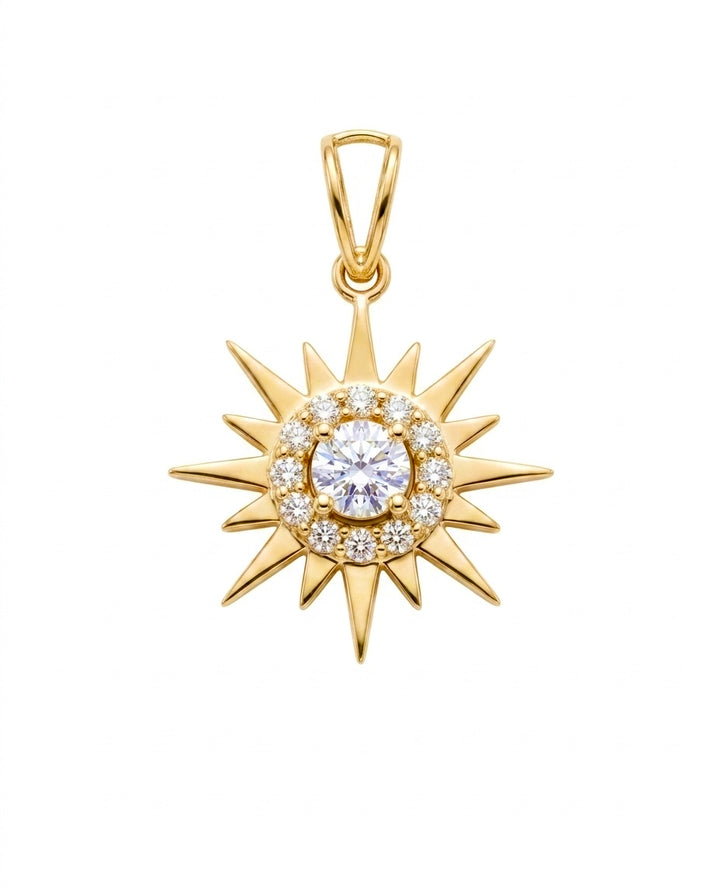 18k Gelbgold Anhänger in Sonnenform mit zentraler weißer Zirkonia und Strahlenmotiv.