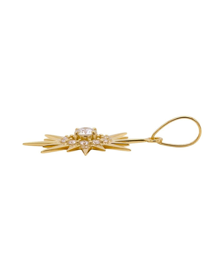 Sonnenanhänger aus 18k Gelbgold mit weißen Zirkonia in seitlicher Ansicht.
