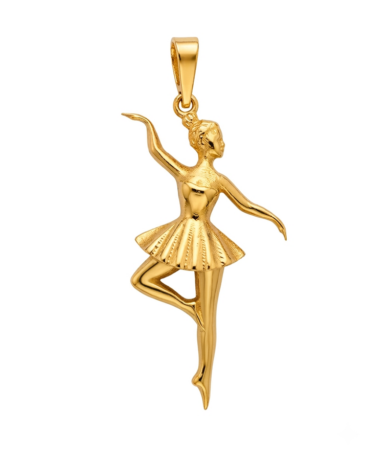 Anhänger aus 18 Karat Gelbgold in Form einer eleganten Ballerina mit ausgestreckten Armen und klassischem Tutu. Hochglanzpolierter Goldanhänger als Symbol für Anmut, Tanz und Eleganz – zeitloser Goldschmuck für Damen.