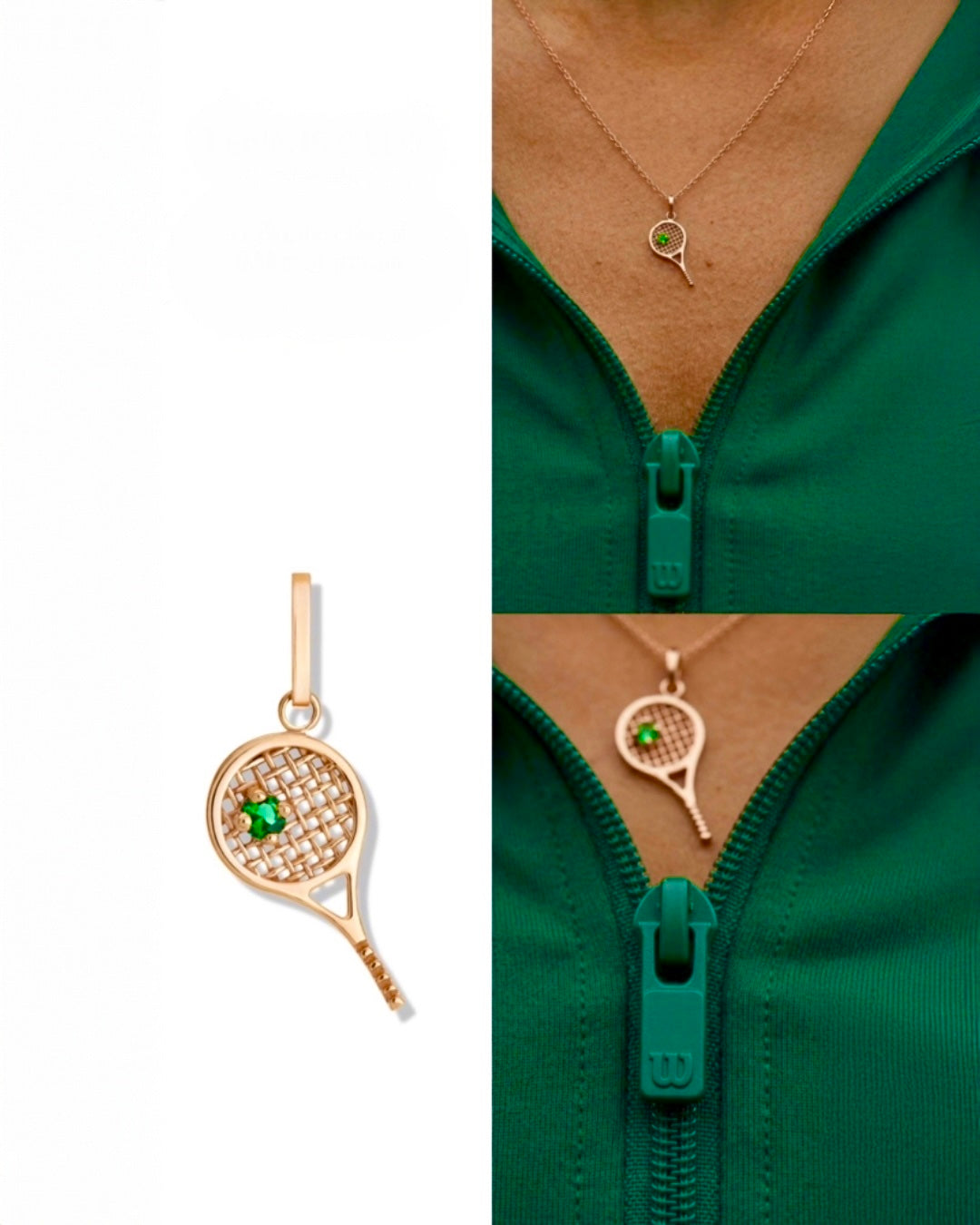 18 Karat Goldanhänger in Form eines Tennisschlägers mit grünem Edelstein im Zentrum des Schlägerkopfs. Die Collage zeigt den filigranen Anhänger freigestellt sowie getragen an einer feinen Goldkette zu einem grünen Sportoberteil. Eleganter Schmuck für Tennisbegeisterte mit sportlichem Stil.