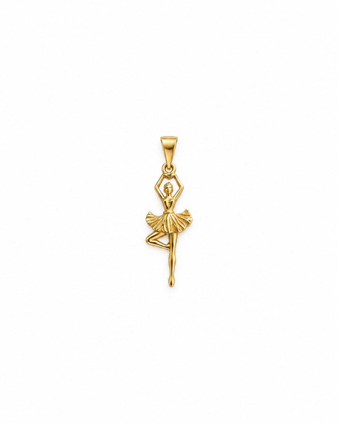 Raqsandeh Ballerina-Anhänger aus 18k Gelbgold mit Tutu und über dem Kopf zum Herz geformten Händen auf weissem Hintergrund