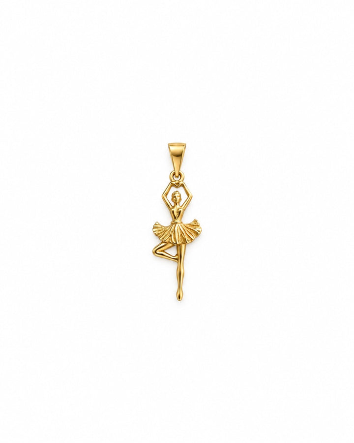 Raqsandeh Ballerina-Anhänger aus 18k Gelbgold mit Tutu und über dem Kopf zum Herz geformten Händen auf weissem Hintergrund