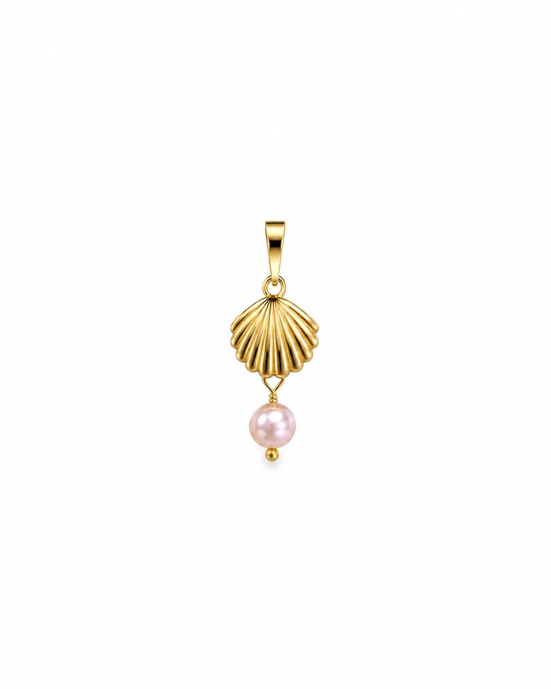 Sadaf-o Morvarid Muschel-Anhänger aus 18k Gelbgold mit zart roséfarbener Zuchtperle auf weissem Hintergrund
