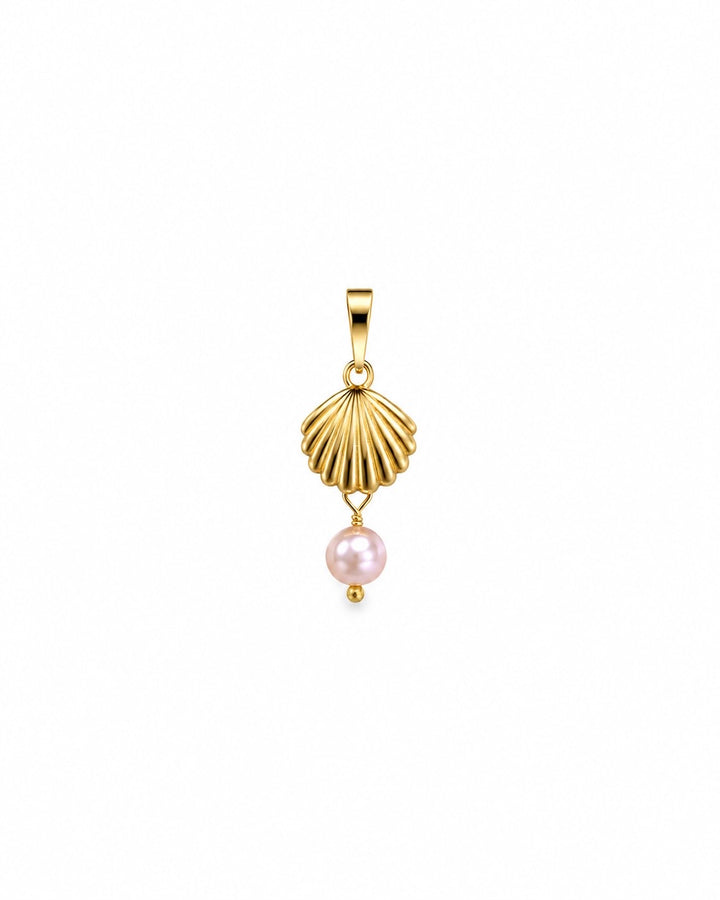 Sadaf-o Morvarid Muschel-Anhänger aus 18k Gelbgold mit zart roséfarbener Zuchtperle auf weissem Hintergrund