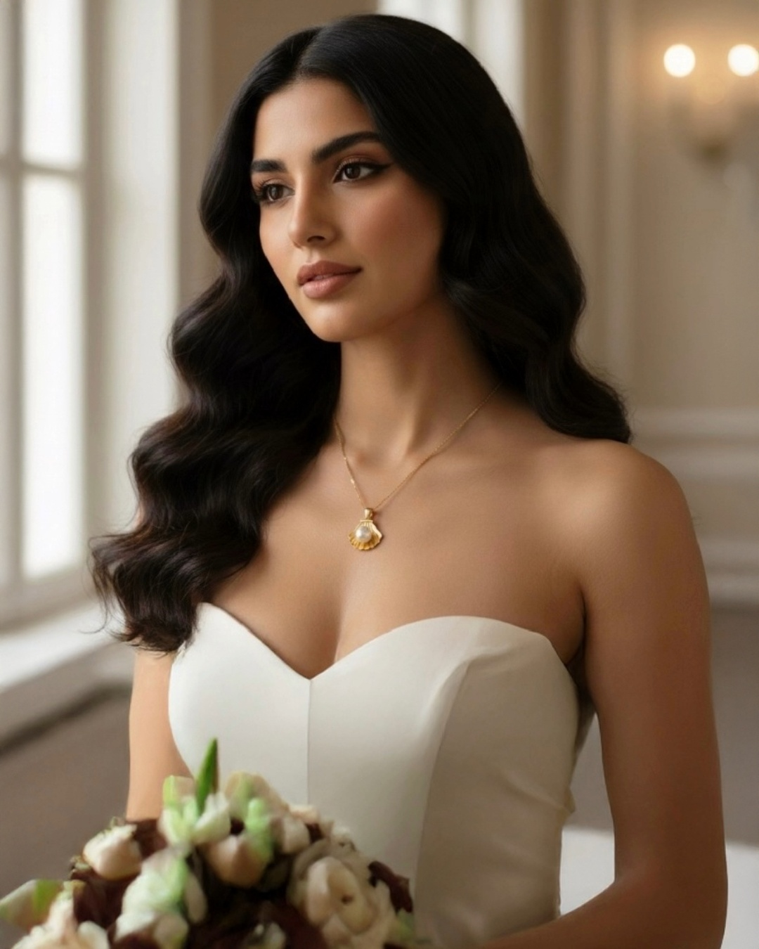 Elegante Braut trägt feine 18-Karat-Goldkette mit muschelförmigem Anhänger, zeitloser Goldschmuck in edlem, minimalistischen Stil.