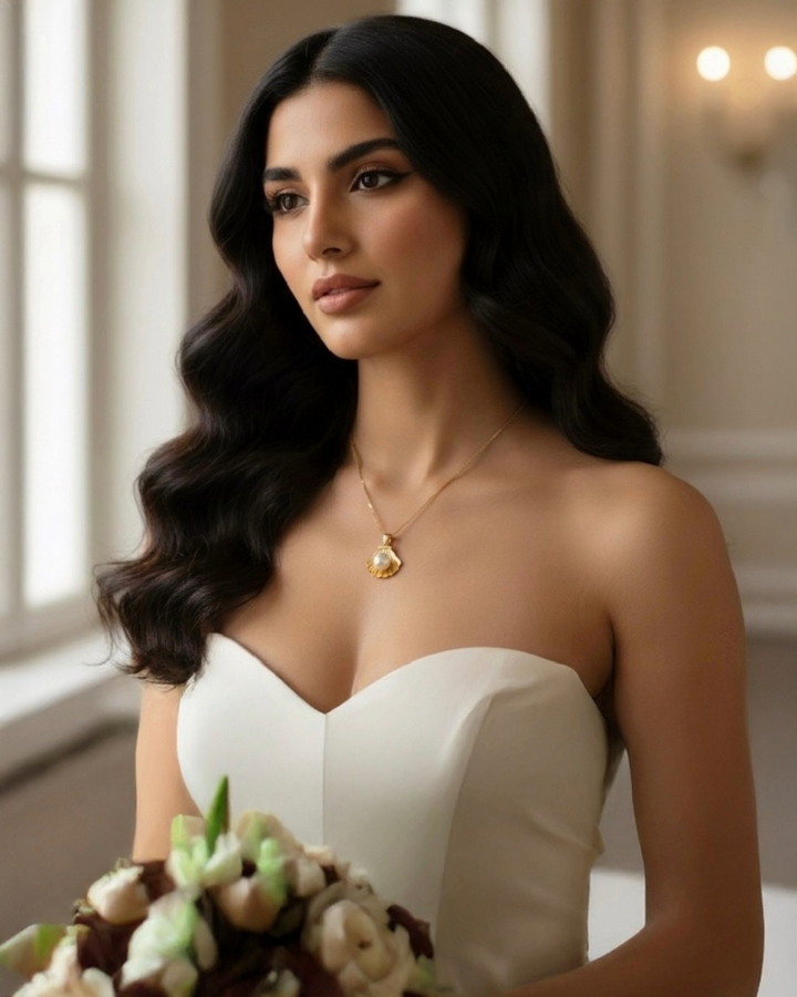 Elegante Braut trägt feine 18-Karat-Goldkette mit muschelförmigem Anhänger, zeitloser Goldschmuck in edlem, minimalistischen Stil.