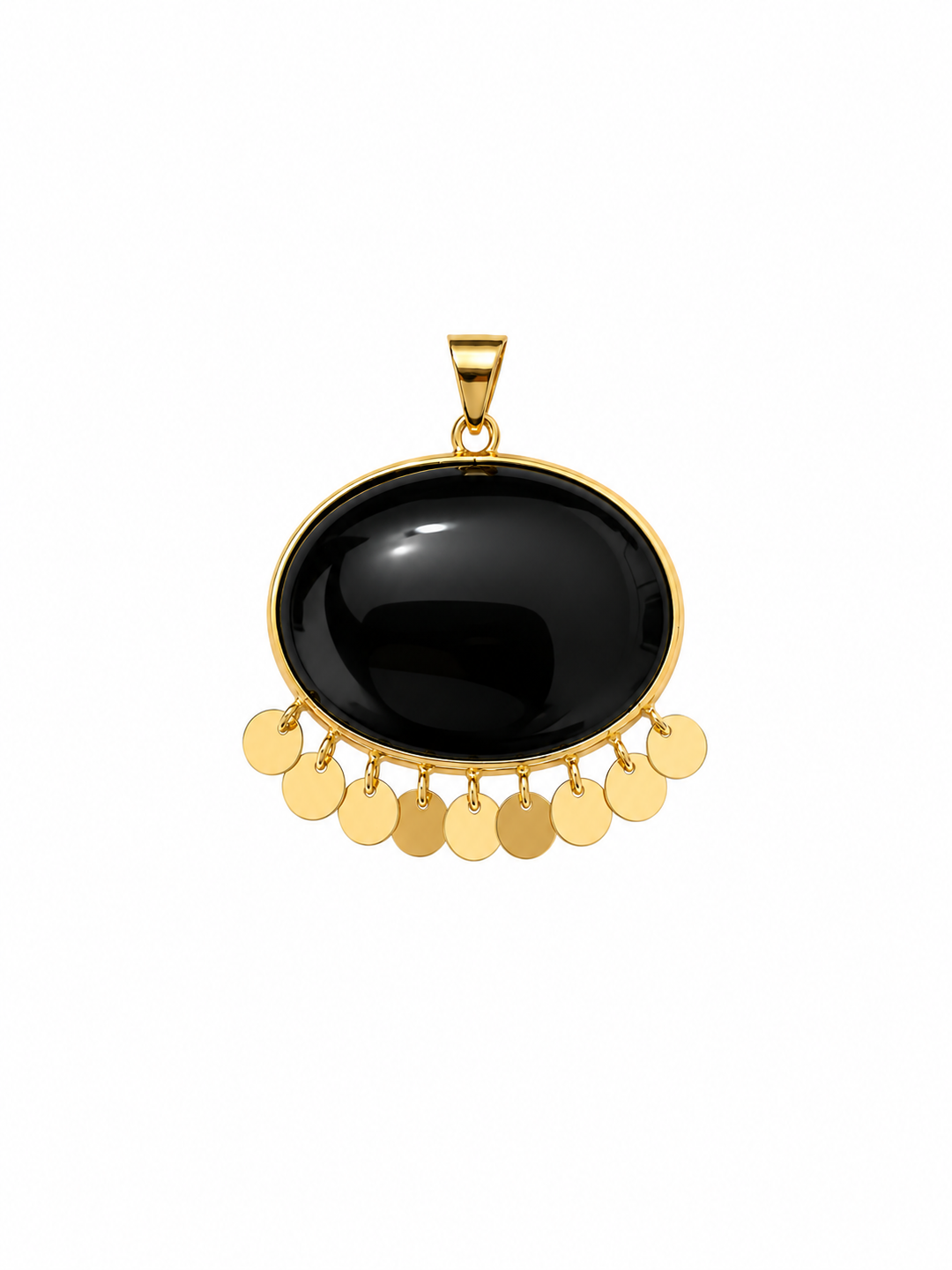 Shab-e Tala Anhänger aus 18k Gelbgold mit grossem schwarzen Stein und neun Goldplättchen