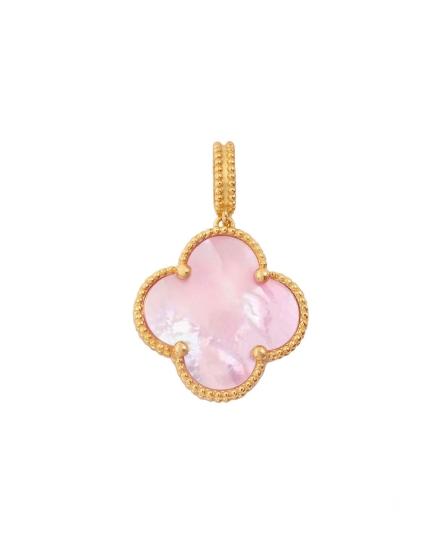 Rosafarbener Kleeblatt-Anhänger aus 18 Karat Gelbgold mit schimmerndem Perlmutt in zarten Rosa- und Weissnuancen. Der filigrane Goldrahmen mit feiner Perlenstruktur verleiht dem eleganten Schmuckstück eine luxuriöse Ausstrahlung. Zeitloser Goldanhänger für Damen und Herren – handgefertigter Echtschmuck von Ziba Gold.