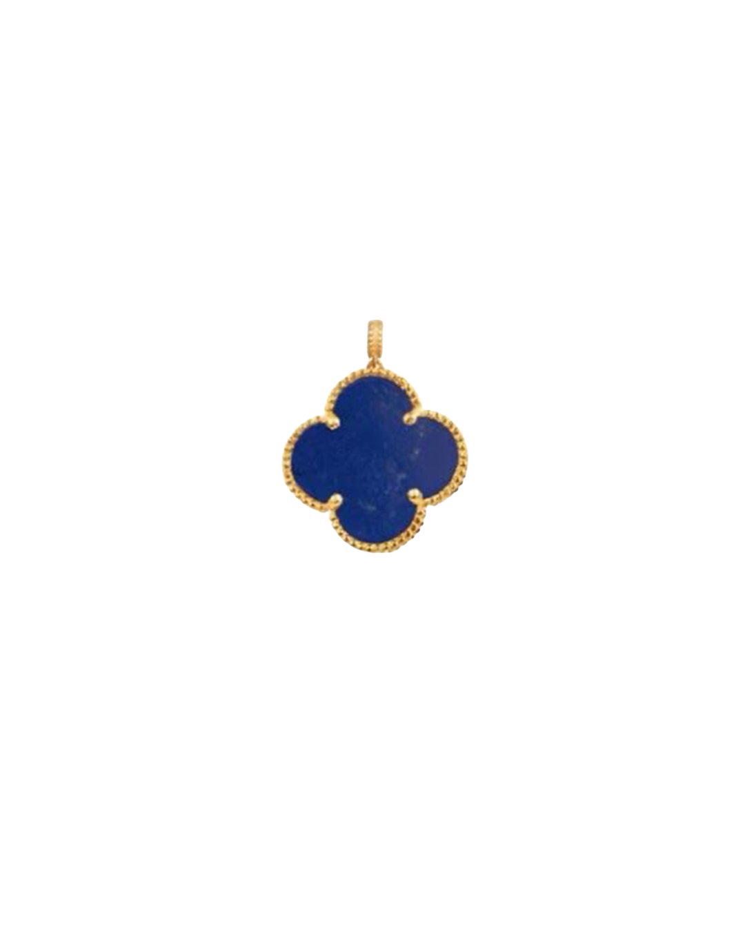 Blauer kleeblattförmiger Anhänger aus 18 Karat Gelbgold mit strukturierter Goldfassung und integrierter Öse, freigestellt auf weißem Hintergrund.