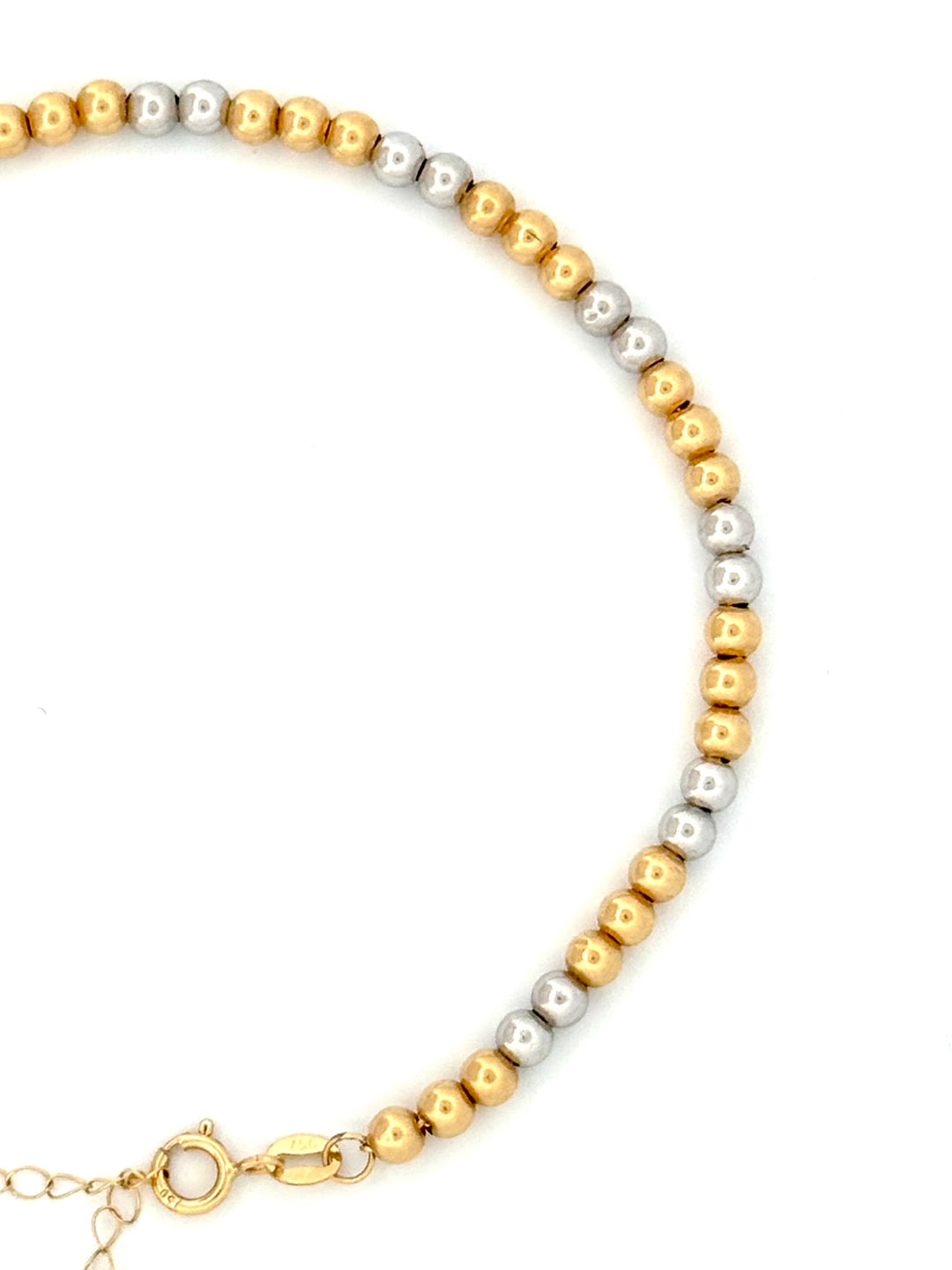 Filigranes Kugelarmband aus 18k Gelb- und Weissgold mit verstellbarer Länge, handgefertigt in persischer Tradition (Nahaufnahme)