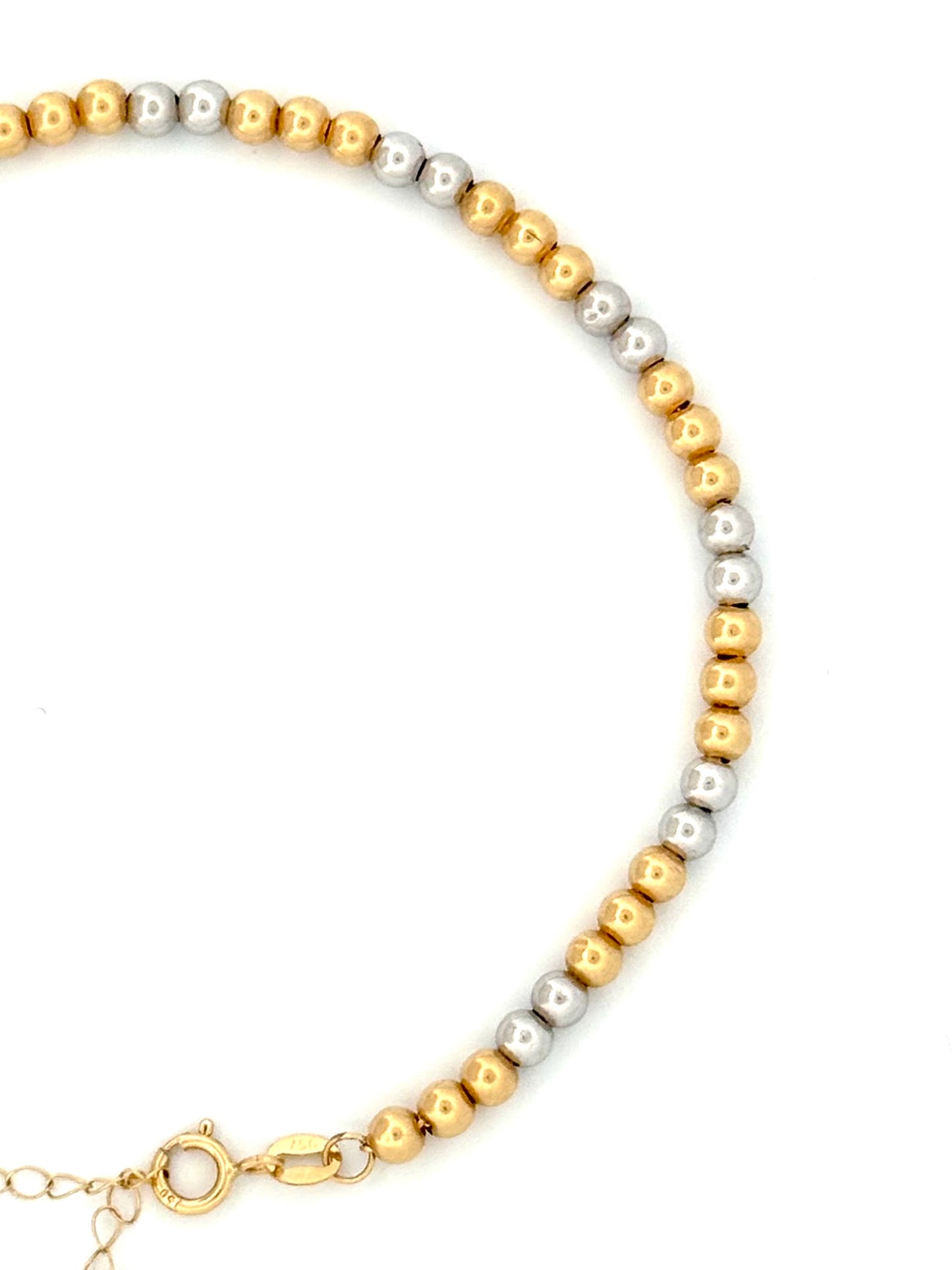 Filigranes Kugelarmband aus 18k Gelb- und Weissgold mit verstellbarer Länge, handgefertigt in persischer Tradition (Nahaufnahme)