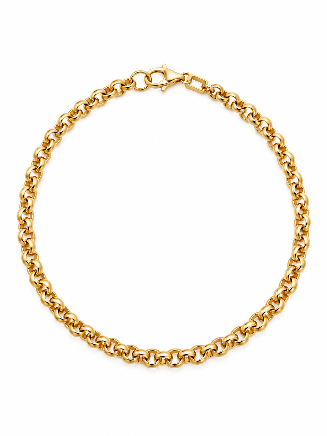 Rolo-Armband aus 18K Gelbgold mit rundlichen Kettengliedern, 18 cm lang und 3,6 mm breit, mit Karabinerverschluss auf weissem Hintergrund.