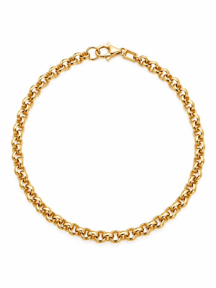 Rolo-Armband aus 18K Gelbgold mit rundlichen Kettengliedern, 18 cm lang und 3,6 mm breit, mit Karabinerverschluss auf weissem Hintergrund.
