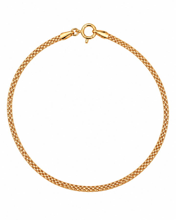 Filigranes Bismarck-Armband Zanjir-e Bizmark Zarif aus 18K Gelbgold, 18,5 cm lang und 2,5 mm breit, mit Federringverschluss auf weissem Hintergrund.