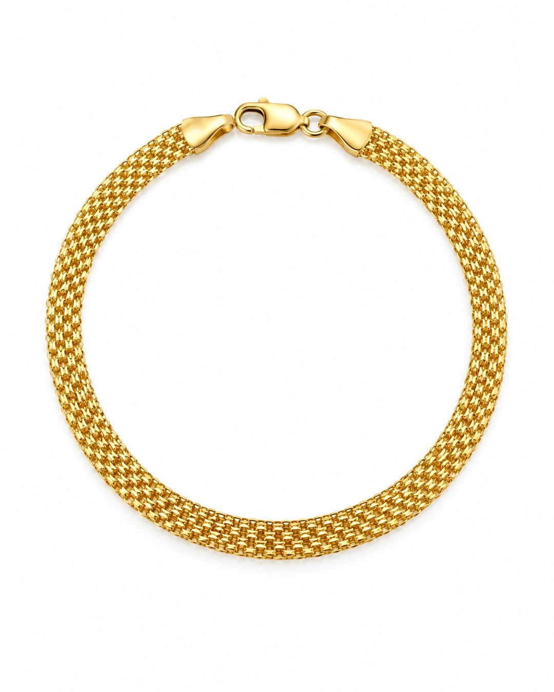 Zanjir-e Bizmark Bismarck-Armband aus 18k Gelbgold mit mehrreihiger Gliederstruktur und Karabinerverschluss auf weissem Hintergrund