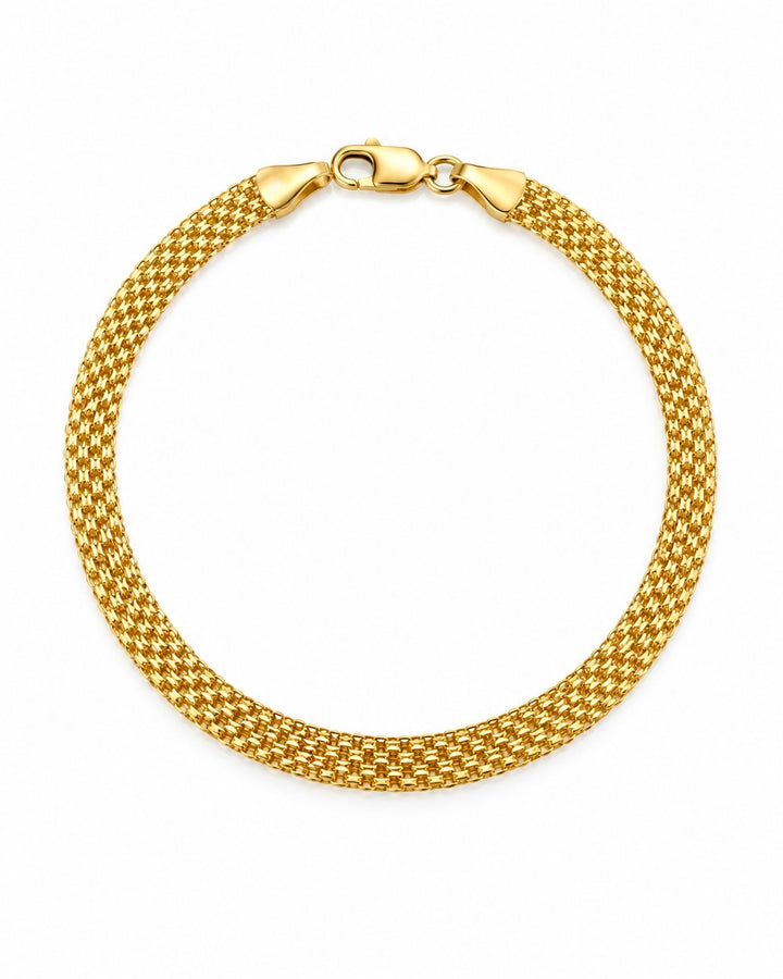 Zanjir-e Bizmark Bismarck-Armband aus 18k Gelbgold mit mehrreihiger Gliederstruktur und Karabinerverschluss auf weissem Hintergrund