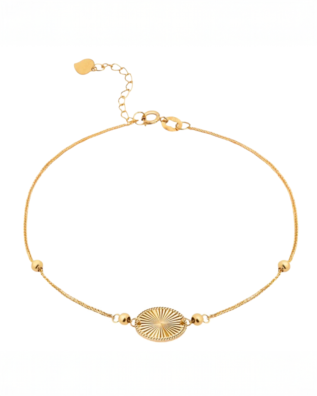 Feines Armband aus 18k Gelbgold mit ovalem Sonnenmedaillon (1 cm) und 2 mm Goldkugeln, verstellbar von 17 bis 19.5 cm