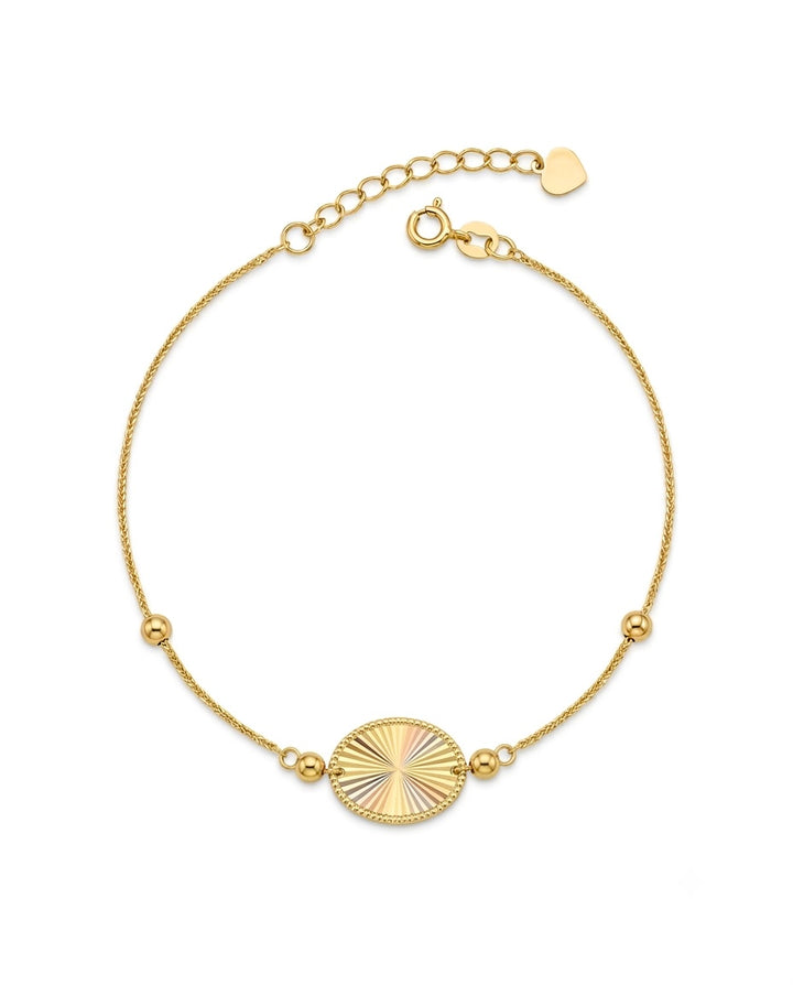 Feines Armband aus 18k Gelbgold mit ovalem Sonnenmedaillon (1 cm) und 2 mm Goldkugeln, verstellbar von 17 bis 19.5 cm