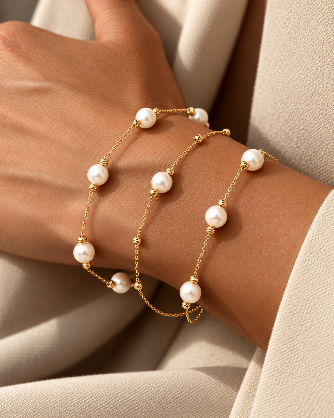 Filigranes Armband aus 18k Gelbgold mit weissen Zuchtperlen, mehrfach über ein Handgelenk drapiert, auf cremefarbenem Stoff.