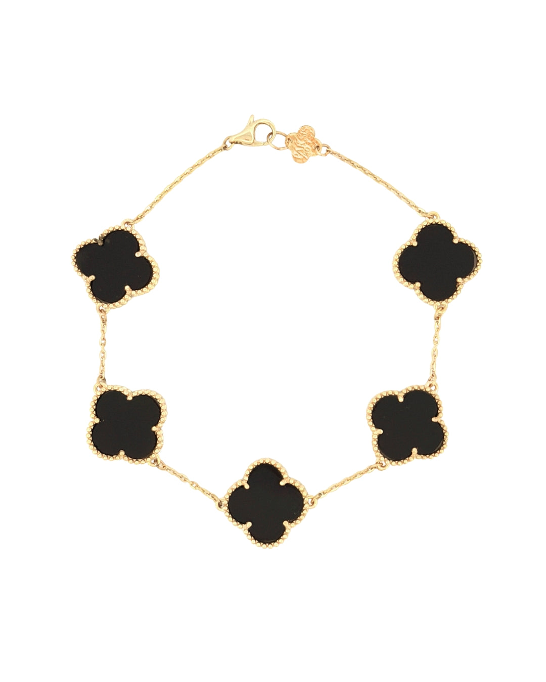 18k Gelbgoldarmband mit fünf schwarzen Kleeblatt-Motiven, gleichmässig angeordnet, freigestelltes Produktbild auf hellem Hintergrund