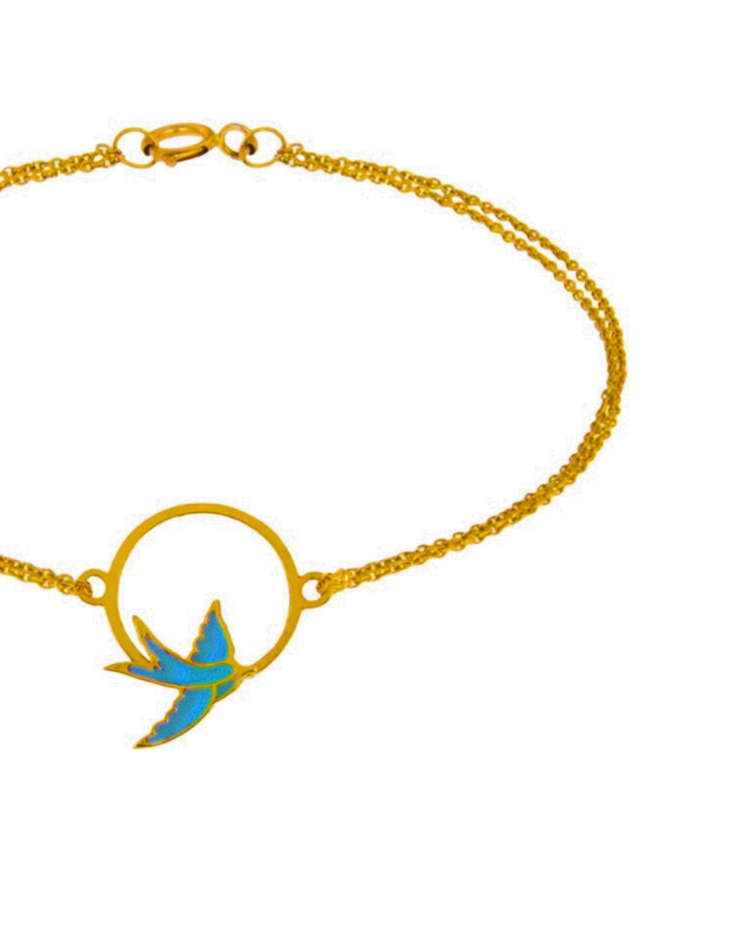 Nahaufnahme der Schwalbe im goldenen Kreis – Emaille in Blautönen, handgefertigt.