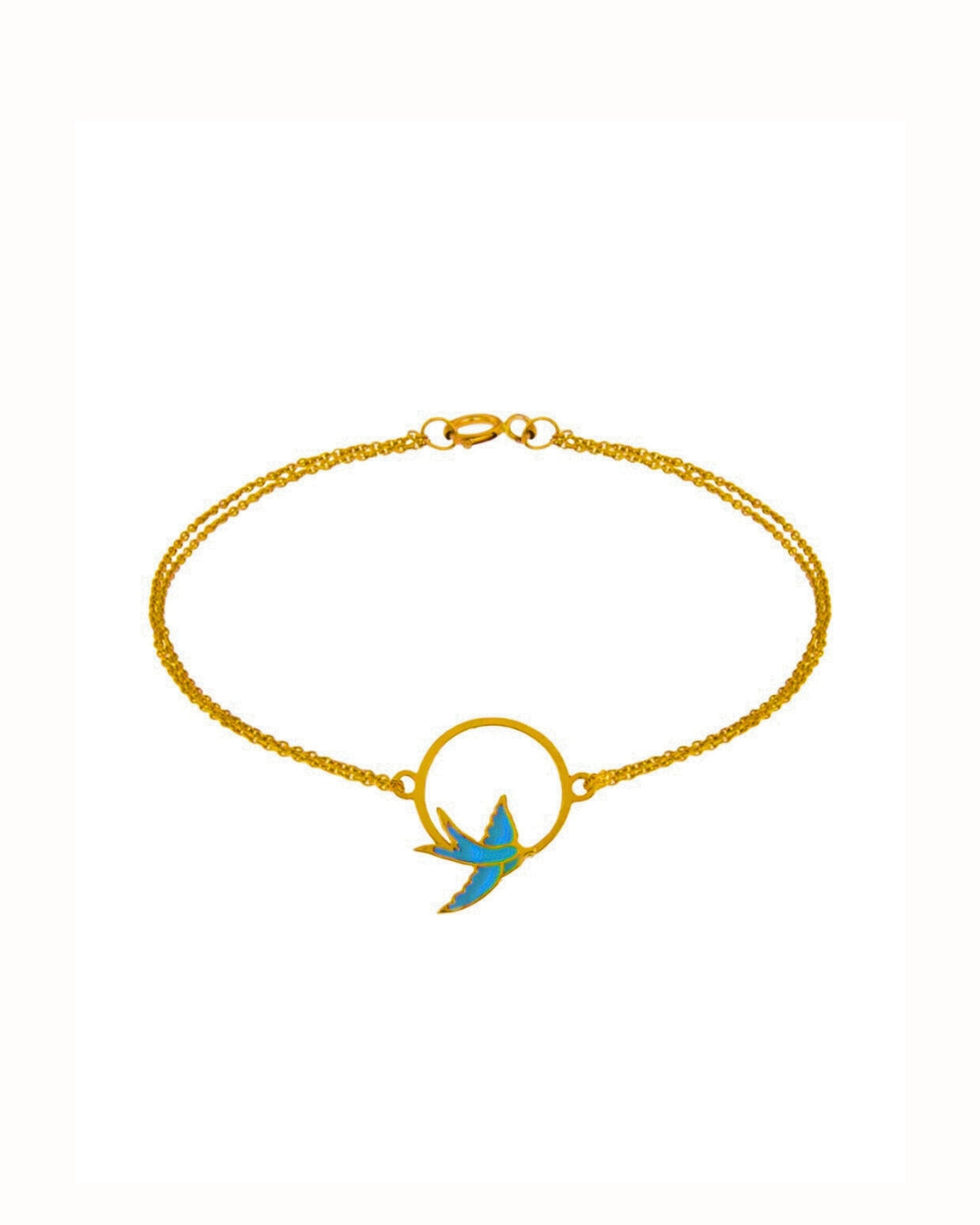 Armband aus 18k Gelbgold mit emaillierter Schwalbe im Kreis &amp; doppelter Kette – freigestelltes Produktbild auf weissem Hintergrund.