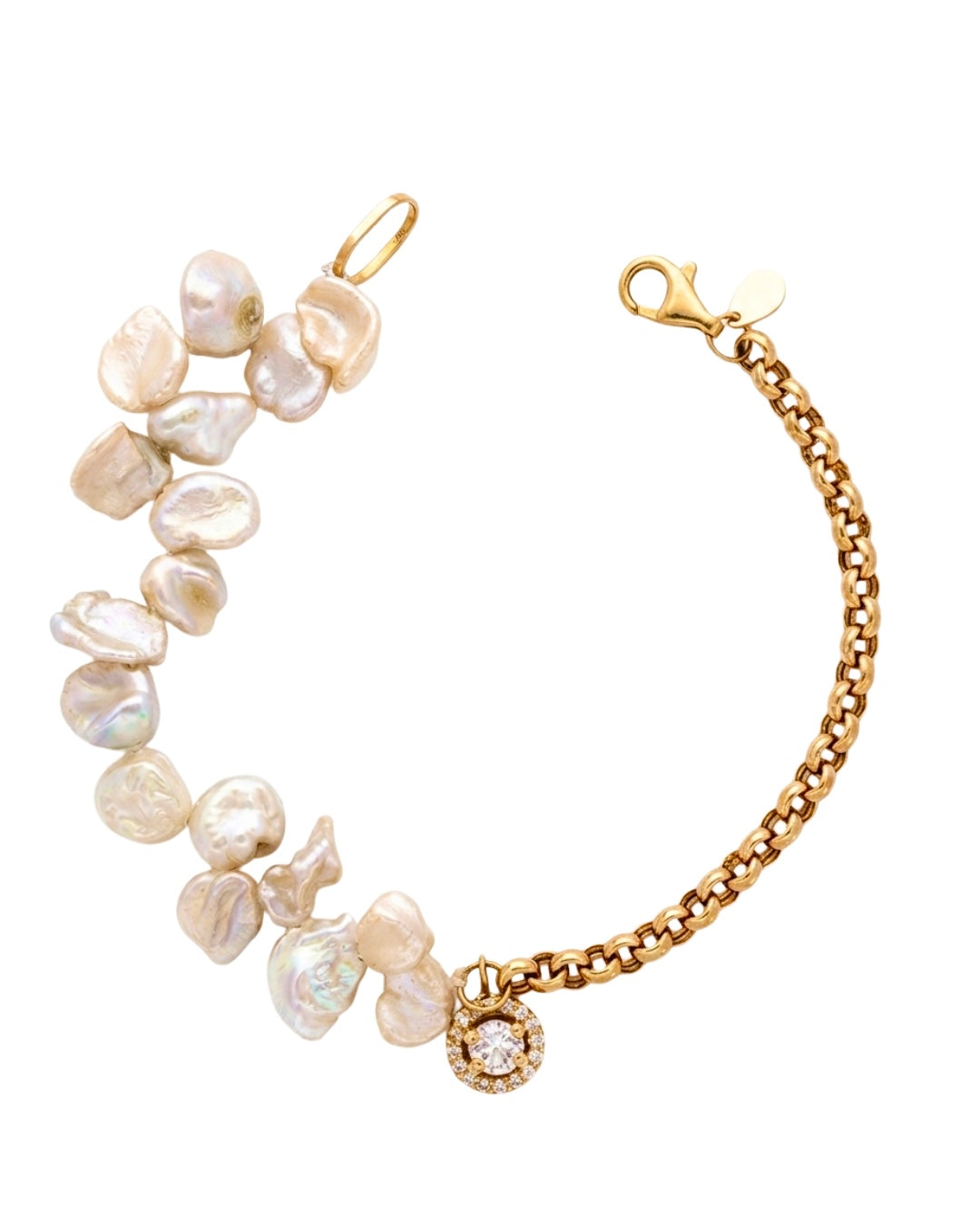 18k Gelbgold Armband mit echten Barockzuchtperlen und Zirkonia-Anhänger